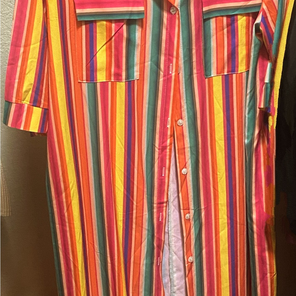 Colorful Striped Button-Up Shirt Dress w/ pockets tunic